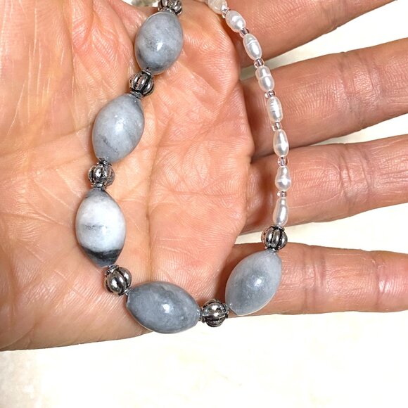 Genuine Grey Anhydrite & White Freshwater Pearl Bib Necklace, Natural Gemstone - Picture 11 of 11